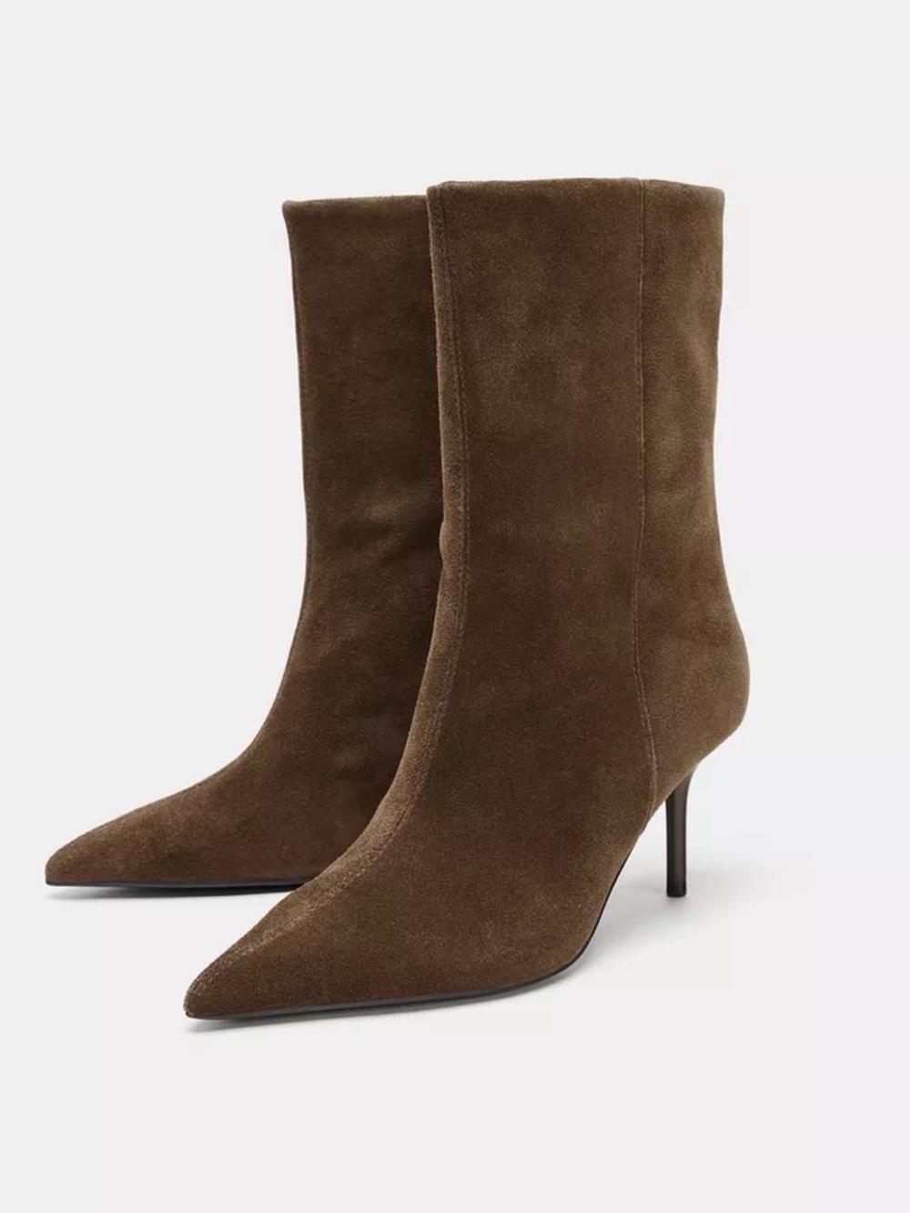 Zara Dark Brown Suede Pointed-Toe Mid-Calf Heeled Boots